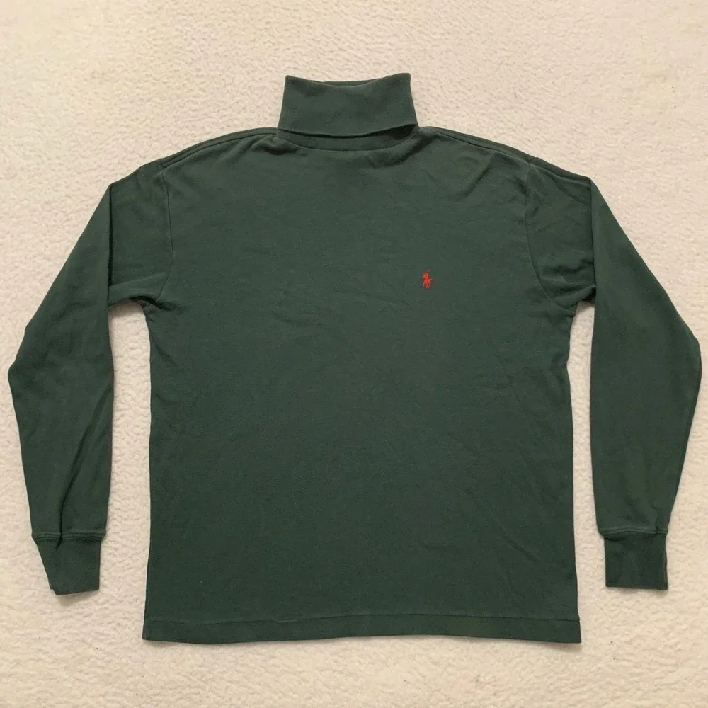 VTG Ralph Lauren Turtleneck Shirt Mens M 100% Cotton Red Pony Logo Hunter Green
